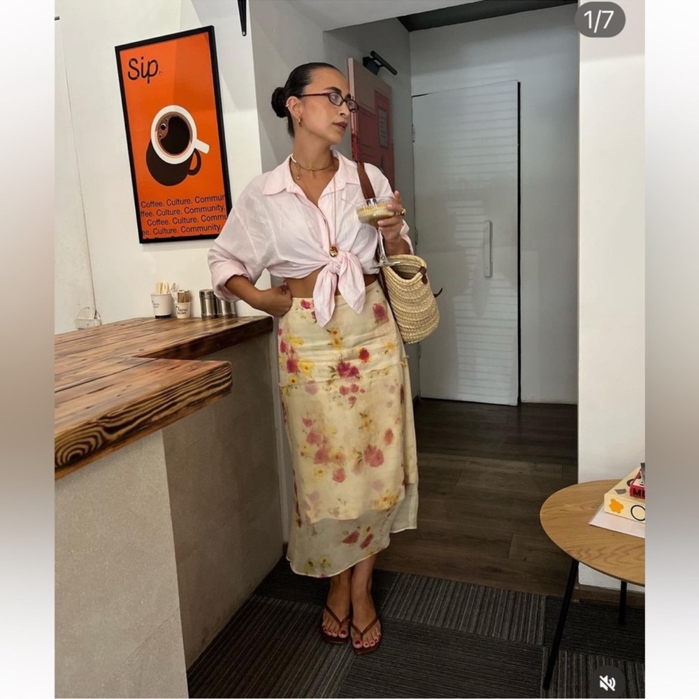 NWT Zara Sz S ZW Collection Sheer Floral Midi Skirt Satin Effect Cream